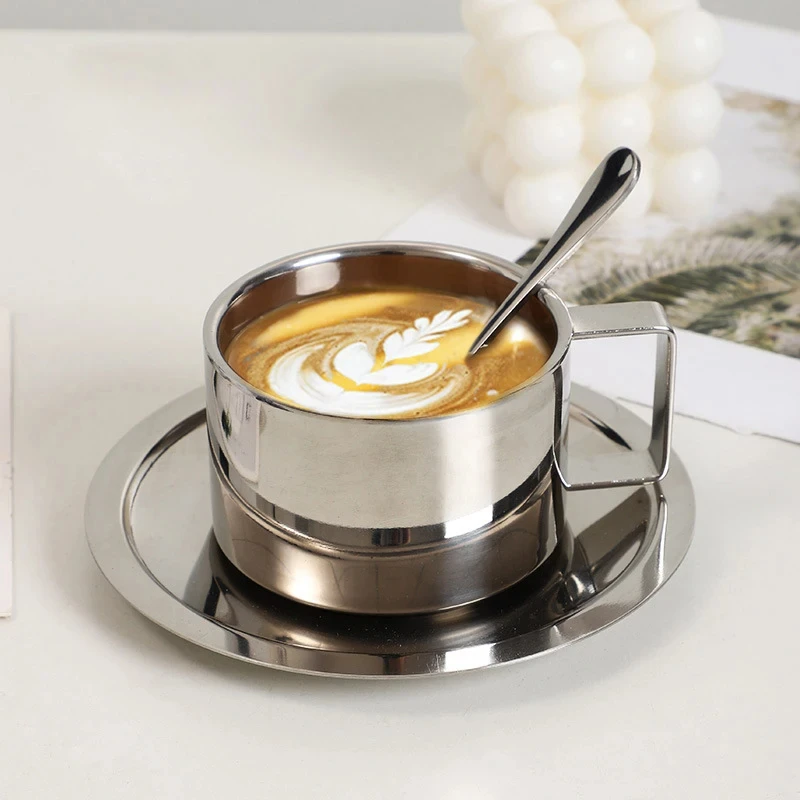 Elegant Coffee Cup with Scoop Saucer,304 Stainless Steel,Espresso Cup,Milk Mug,Cappuccino for Afternoon Tea Camping Cafeteria