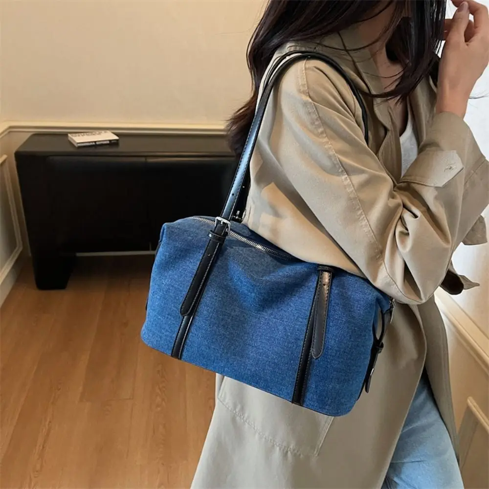 

Casual Korean Style Denim Tote Bag Solid Color Tote Bag Large Capacity Handbag Ethnic Style PU Leather Underarm Packs Women