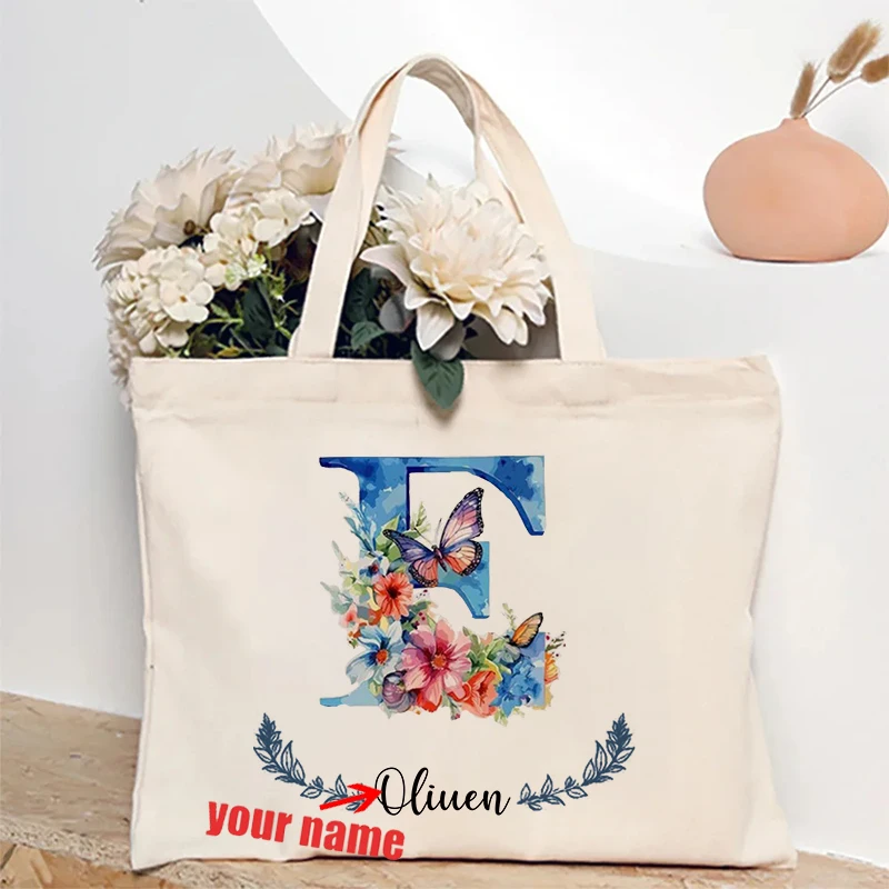 Flower Butterfly Letter Personalized Name Canvas Tote Bag Organizer Romantic Wedding Bridesmaid Party Gift Handbag Shoulder Bags