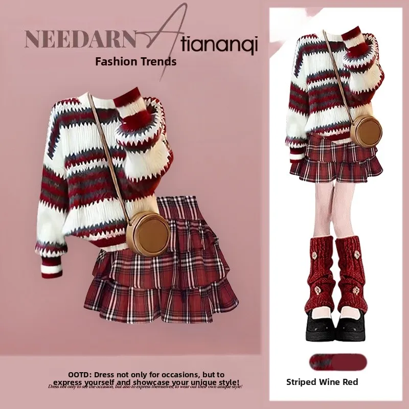 

Ladies' Knitted Sweater And Skirt Set Striped Lazy Sle Winter Aosphere Sensation Cute Fluffy Skirt Two-Piece Set