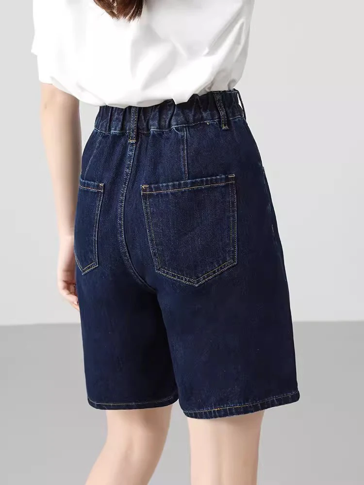 New Women Summer Dark Blue Denim Shorts Fashion All-match Stretch Waist Loose Shorts Casual Basic Straight Thin Shorts