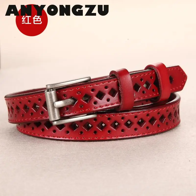 

ANYONGZU Luxury New Female Really Cowhide Belt Hollow Red Black White Pin Buckle Leather Fashion Gift For denim shorts