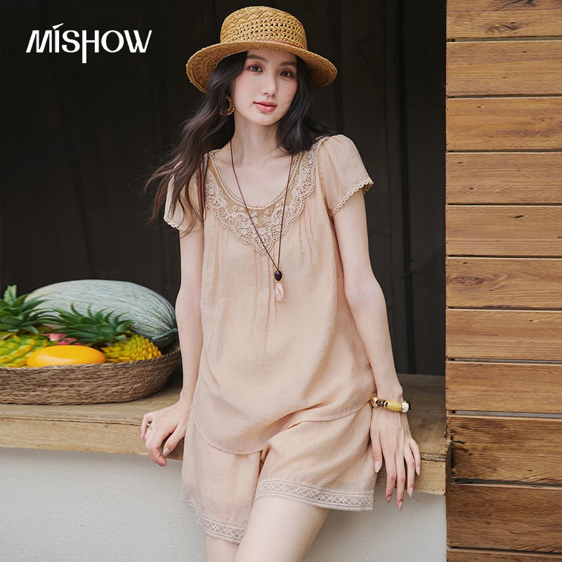 MISHOW Lace Round Neck Top Sho - Elastic Lace Trim avaliação e preço