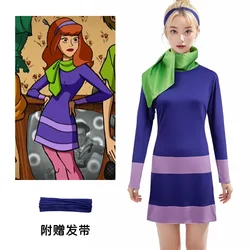Daphne Costume Adult Women Halloween Costume Dresses Cosplay Outfits Long Sleeve Bodycon Purple Dress with Scarf