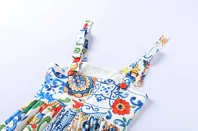 Runway Flower sexy Dress Summer 2023 Women\'s Bow Spaghetti Strap Sundress Blue And White Porcelain Floral Long Dress