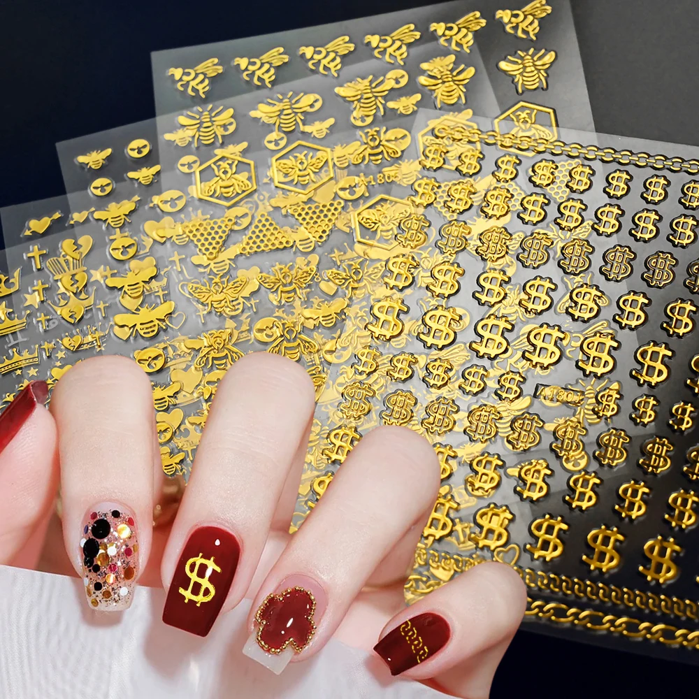 1pc 3D Luxury Money Dollar HoneyBee Nail Stickers Self Adhesive Gold Crown Decal Manicure Tips Slider Nail Art Decoration Tool
