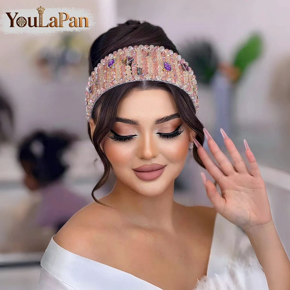

YouLaPan Luxury Pink Color Crystal Bride Wide Headband Handmade Beaded Hair Accessories Birthday Party Princess Headpieces A328