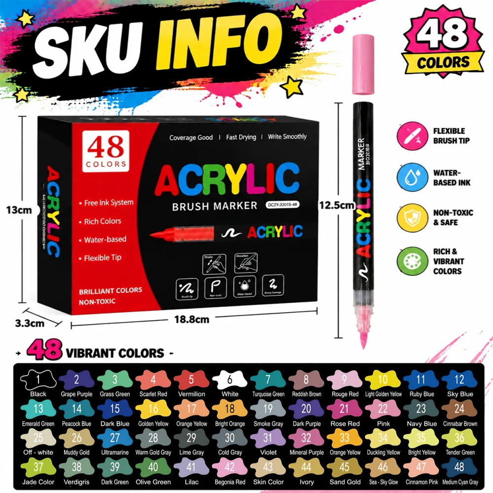 12/24/36/48/60 Farben Acrylfarbe Stifte Marker Pinselspitze Farbmarker für Stein Holz Stein Keramik Ballon Glas Geschenk DIY Handwerk – Detail 11
