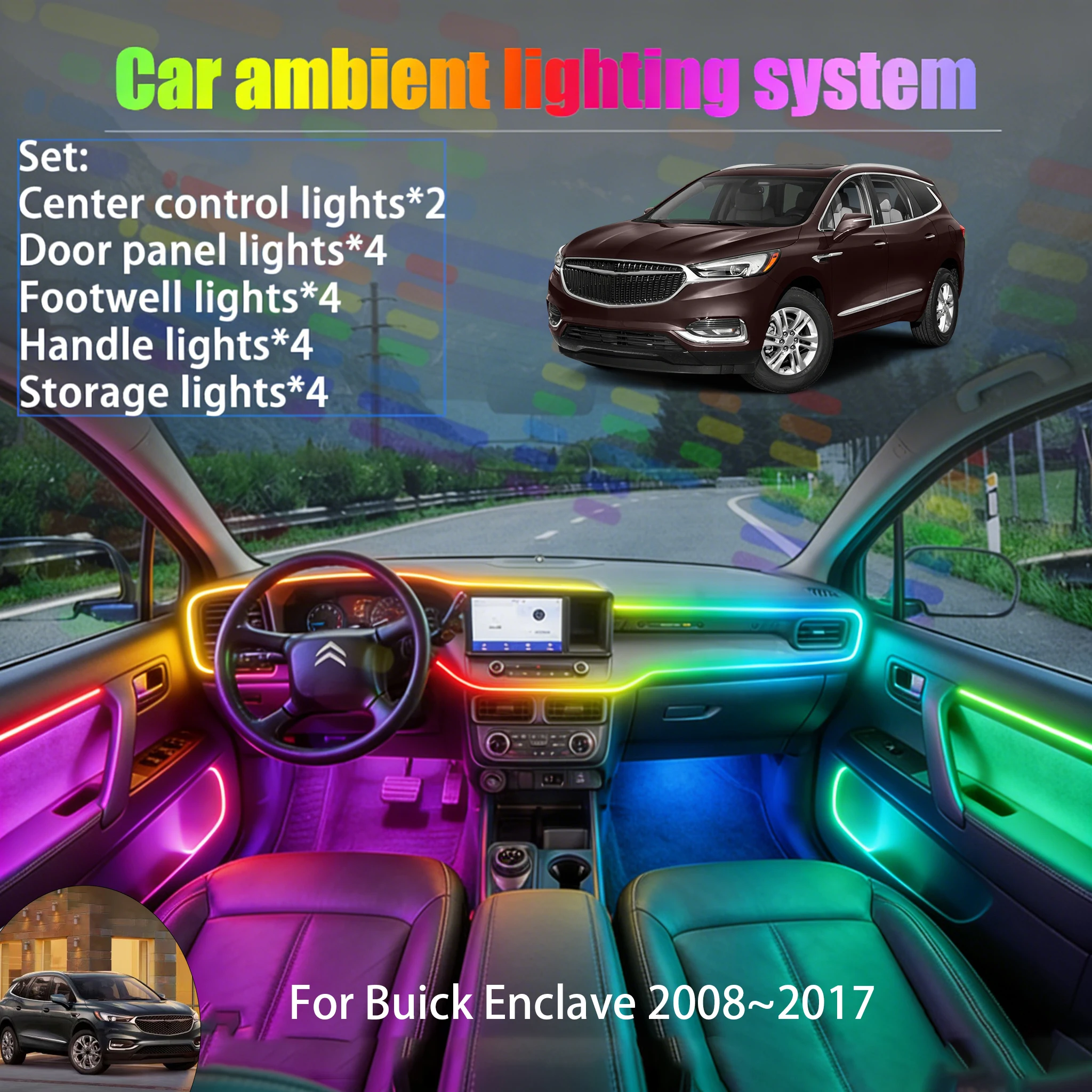 For Buick Enclave 2008~2017 MK2 2/18 in 1 Car ambient lighting Led trunk interior led lights USB RGB Ensemble Streamer Auto Part