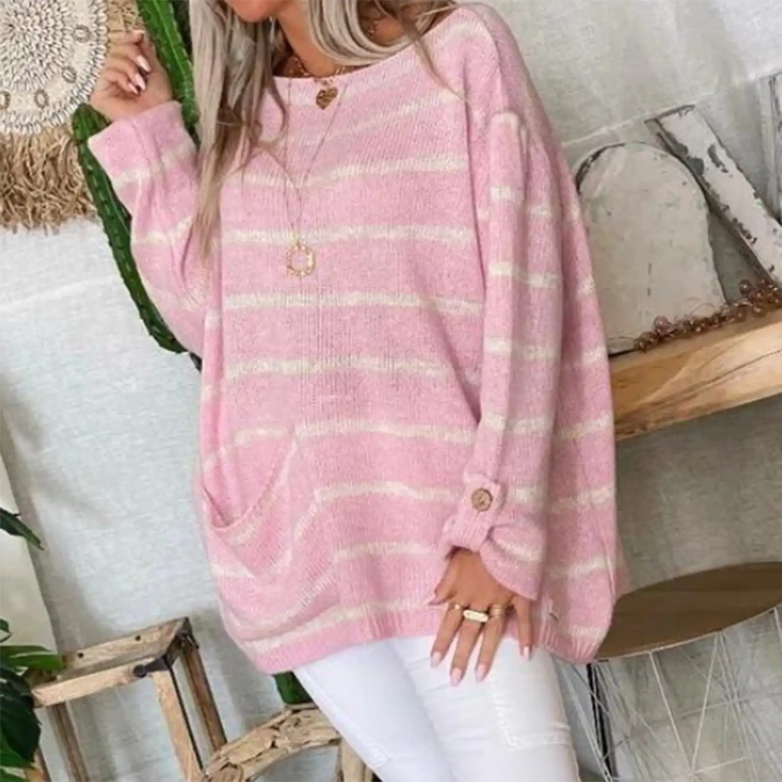 

Women O-Neck Long Sleeves Sweater Buttons Cuffs Pullover Oversized Knitting Tops