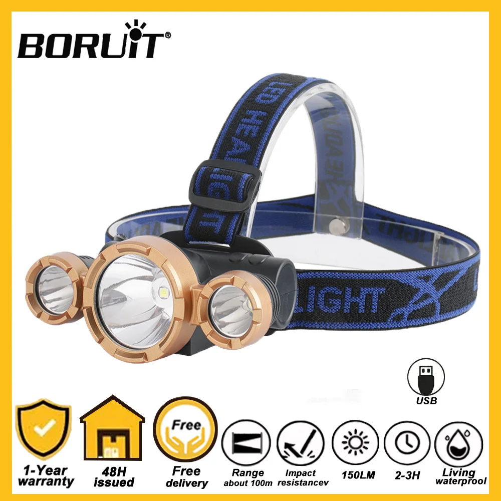 

Налобный фонарь BORUiT с 3 светодиодами, перезаряжаемый через USB, со встроенным аккумулятором 18650, водонепроницаемый (IPX4), мощный свет для кемпинга и рыбалки