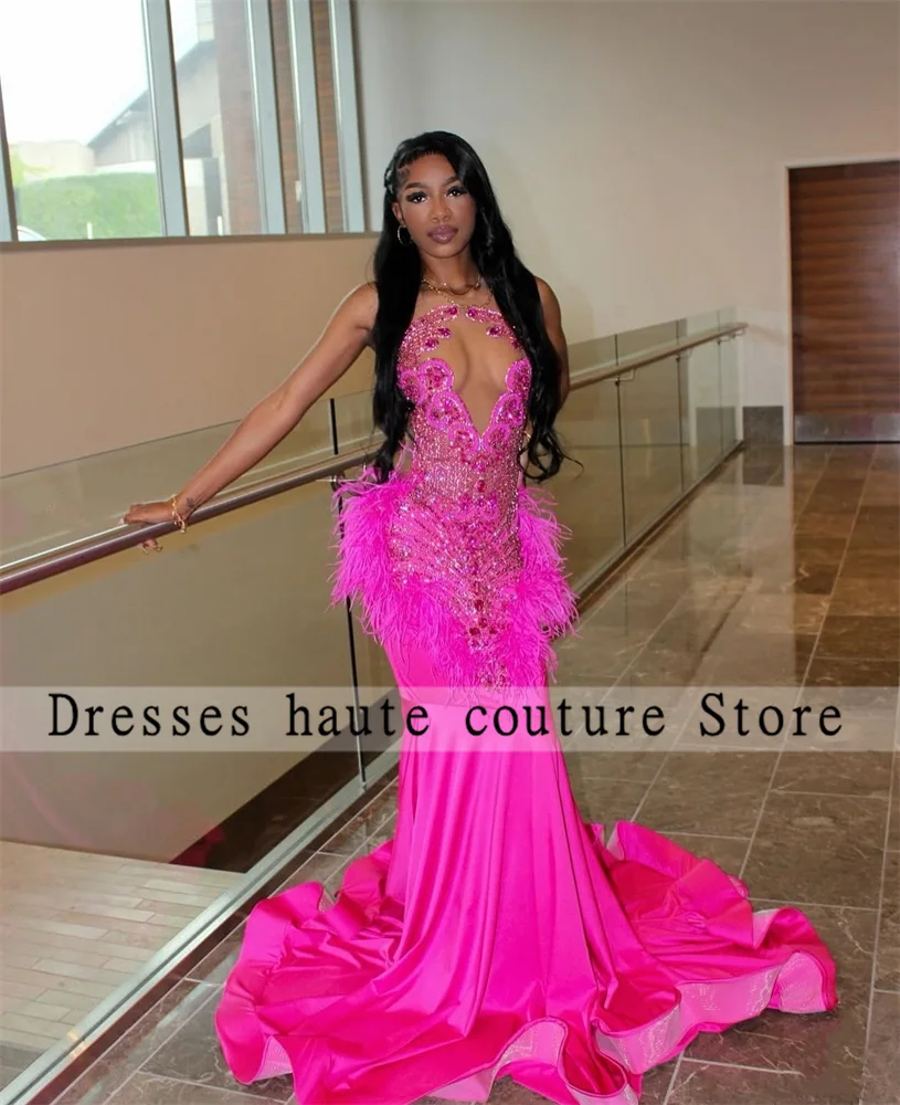 Luxury Crystal Rhinestones Hot Pink Prom Dress 2025 For Black Girl Mermaid Feather Birthday Dress Evening Gown Customized