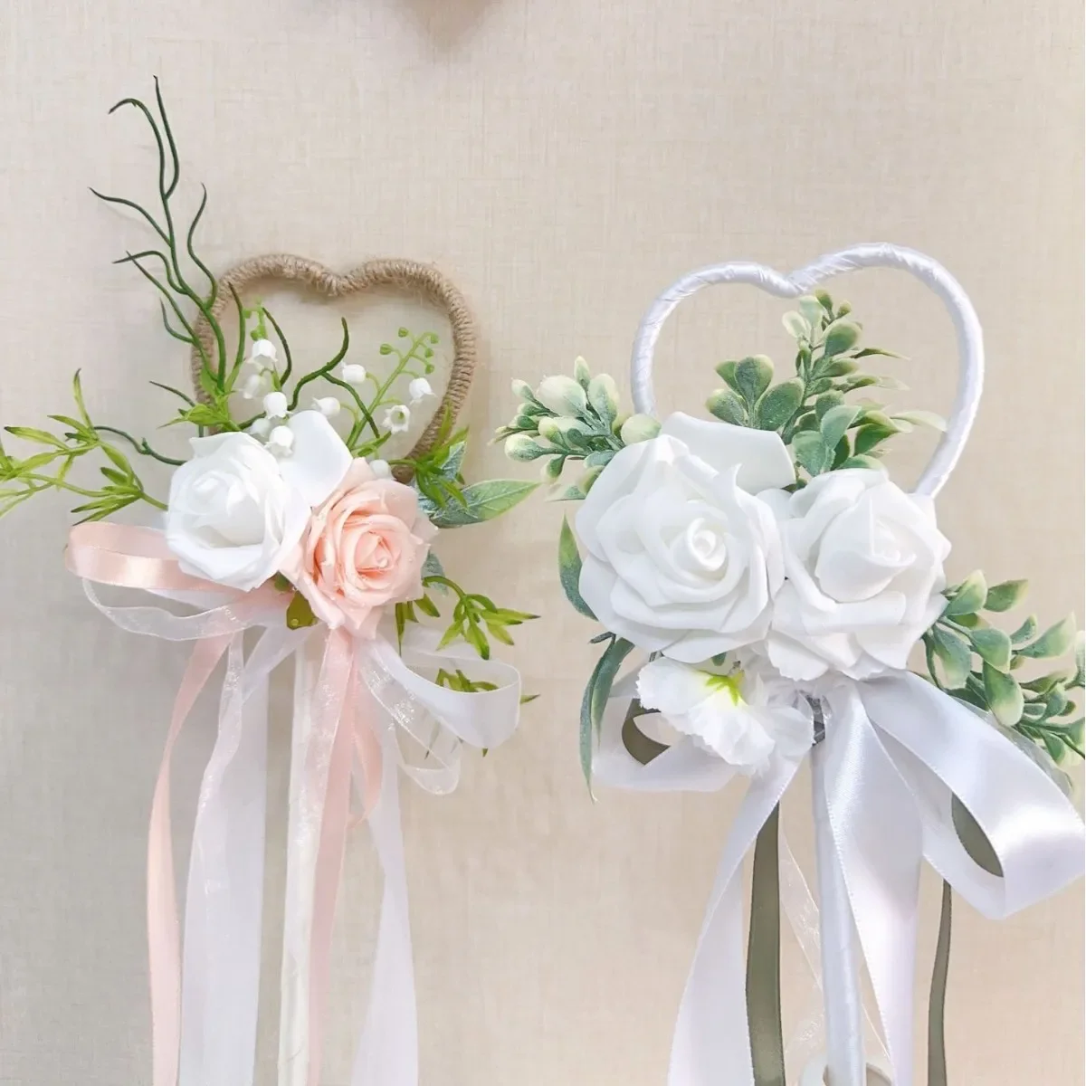 Yannew 2pcs Heart Shaped Wedding Flower Girl Wands Bouquet for Kids White Pink Artificial Rose Flower Mini Bouquet Keepsake Gift