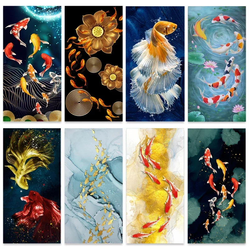 Chinesischer Stil Goldener Koi Feng Shui Fisch Leinwandgemälde Wandkunst Poster Drucke Karpfen Lotus Teich Bild Raumdekoration Cuadro