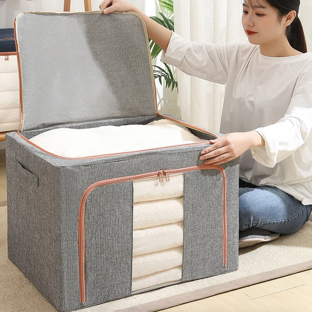 Stackable Storage Bag Linen Foldable Clothes Storage Box with Zipper Quilt Blanket Closet Clothing Organizer for Duvets Clothes