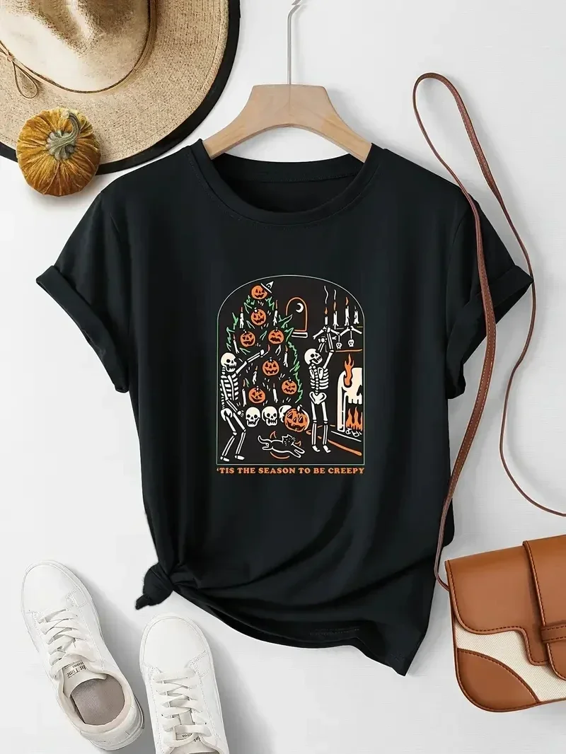 Duży rozmiar damski nowy wygodny i minimalistyczny styl uliczny Halloween czaszka wzór dyni drukowany T-shirt z krótkim rękawem