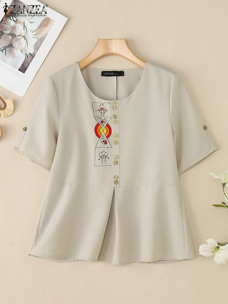 

Casual Loose Blouse Women Printed Tops Elegant O Neck Short Sleeve Tunic 2025 ZANZEA Vintage Solid Color Blusas