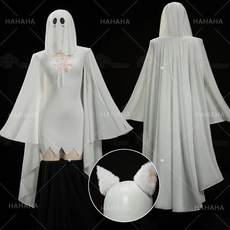 

Костюм для косплея «Призрачный кот» для девочек, эластичное облегающее платье с белыми кошачьими ушками, наряд аниме-игрового персонажа, вечерние костюмы на Хэллоуин для женщин и девочек