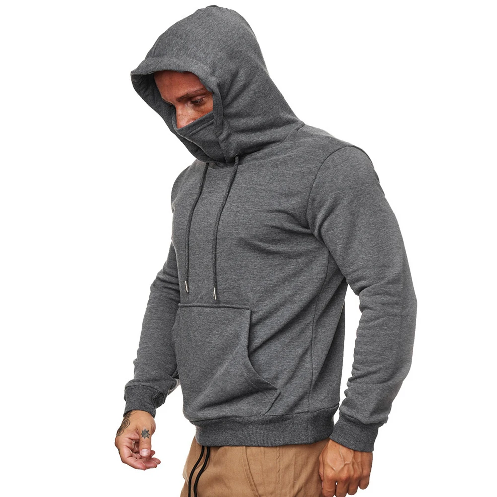 Men\'s Polyester Hooded Hoody with Face Guard Long Sleeve Casual Sweatshirt Pullover Black/White/Grey for All Occasions