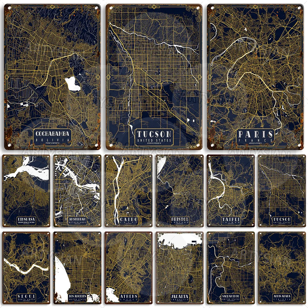Vintage City Map Metal Tin Sign Paris London LA Seoul Cairo Athens Taipei Jakarta Bristol Tucson Zagreb Amsterdam Wall Decor