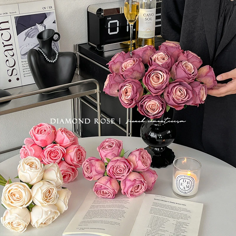 

Single-stem vintage burnt-edge round rose artificial flower bouquet, floral arrangement, home decoration, fake flower, wedding b
