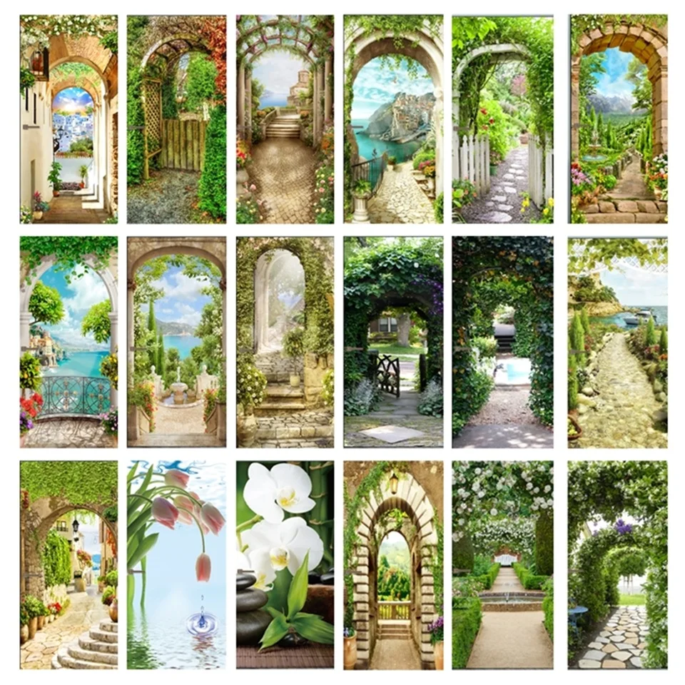 

Home Door Sticker Garden Scenery Wallpaper 3D Self-Adhesive Vinyl Mural Bathroom Kitchen Bedroom Decoration Doors Cover Posters