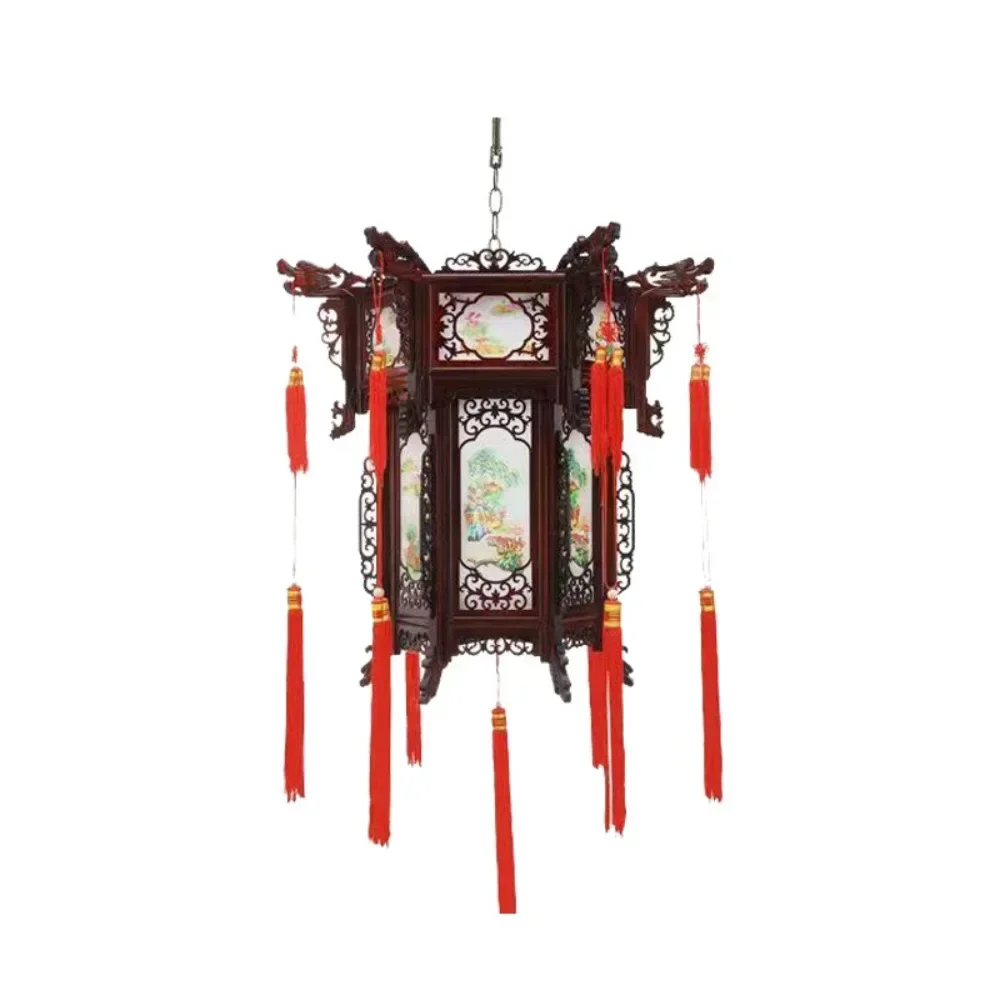 

Antique Chinese style solid wood hexagonal lantern with ancient Chinese style balcony gate, hotel temple, tea house, palace lant