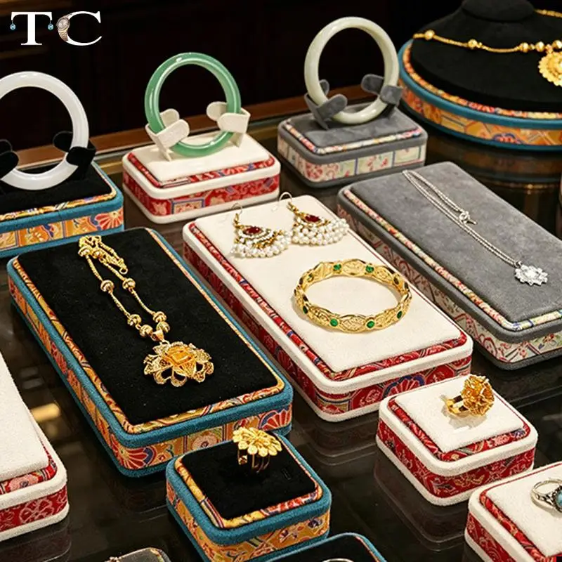 Chinese-Style Embroidered Fabric Rectangular Flat Display Tray for Jewelry Necklaces Pendants and Bracelets