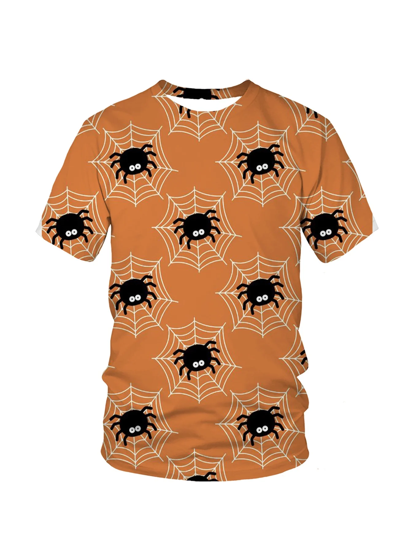 Men Short Sleeve T‑Shirt Cartoon Spider Web All‑Over Print Orange Halloween Crew Neck Tops