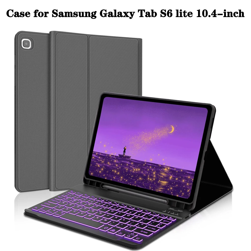 Case for Samsung Galaxy Tab S6 Lite 10.4 Inch, Smart 7 Colors Backlight and Detachable Wireless Bluetooth Keyboard with Pen Slot