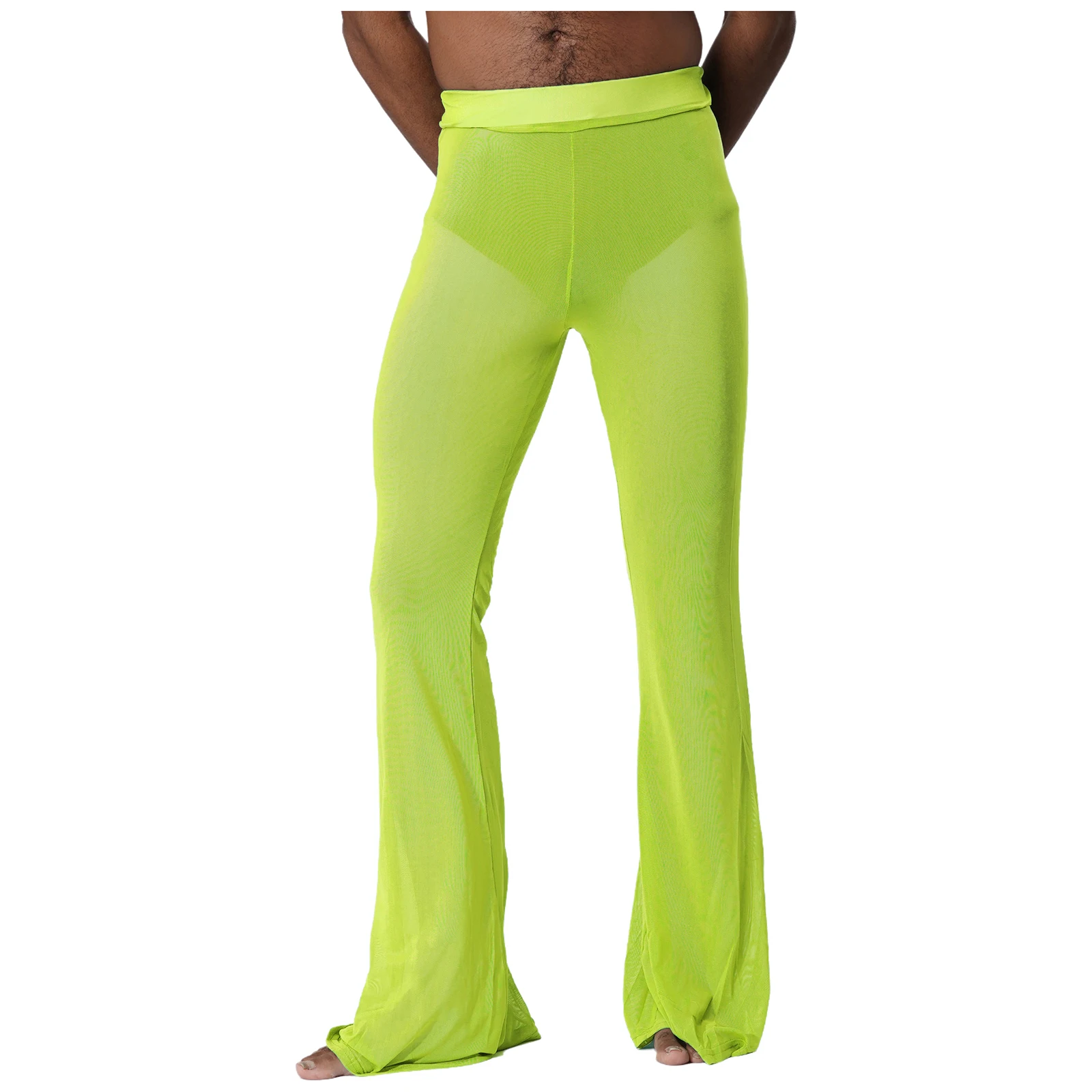 

Men Fluorescent Flared Pants See Through Sheer Mesh Bikini Swimsuit Beachwear Briefs Cover Pants Pool Party Casual Fashion Pants