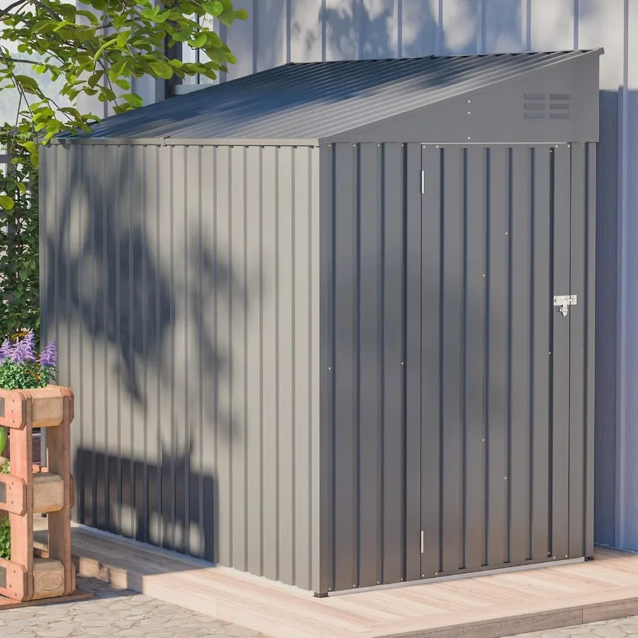 Outdoor storage shed for garden patio use, galvanized steel material, gray color, lockable design with lean-to structure for bi