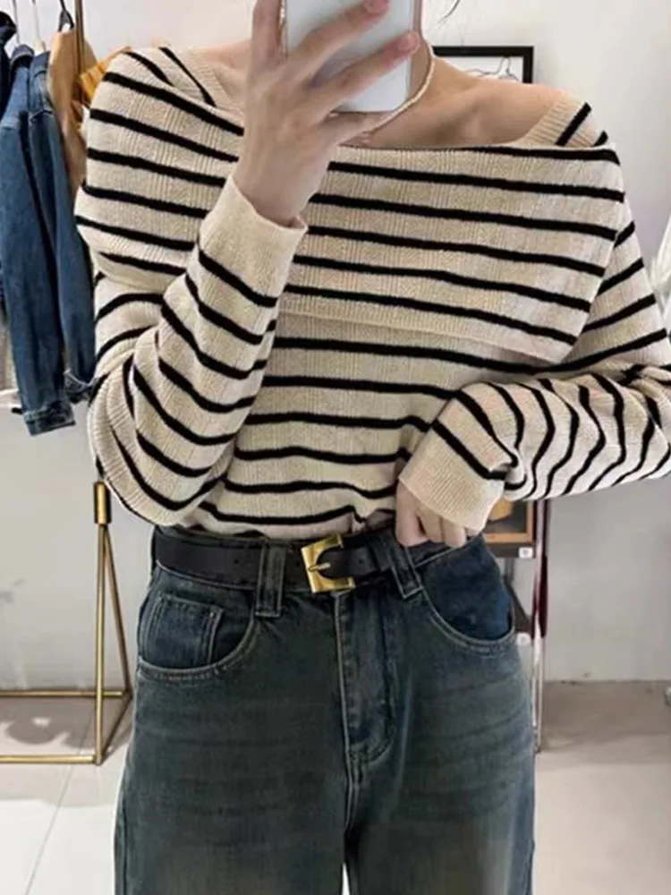 

Женский вязаный топ в полоску на одно плечо с эффектом похудения, корейский Sle Commute Faion, длинный све