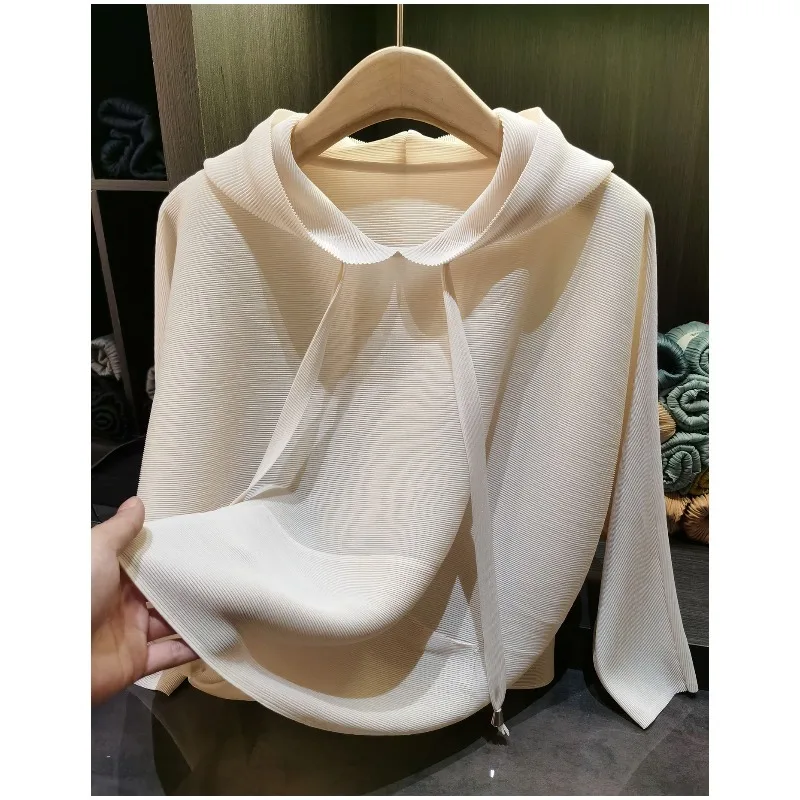 Miyake Pleated Hoodie Stand Collar Pleats Print Short Sleeve T-Shirt Women 2026 Summer New High-end Slim Versatile Commuter Top