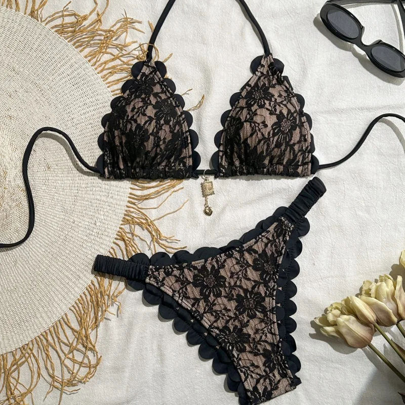

Sexy Black Lace Micro Bikini 2026 Women Metal Ornament Ruffles Push Up Bra Thong Swimwear Summer Bathing Suit Holiday Swimsuit