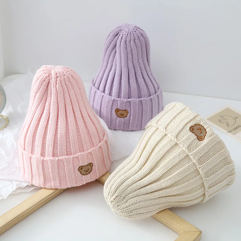 Winter Baby Beanie Cap Cotton Autumn Knit Hat Toddler Cap for Boys Girls Cute Cartoon Bear Soft Warm Solid Color Children Hat