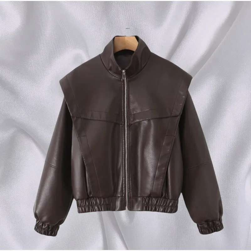 American Retro Bomber Jacket Female 2025 New Long-sleeved Leather Jacket