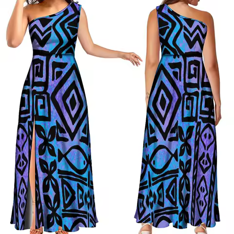 Polynesian Island Style Custom Temperament Women'S Off-The-Shoulder Slit Dress Samoan Hawaiian Party Evening Dress