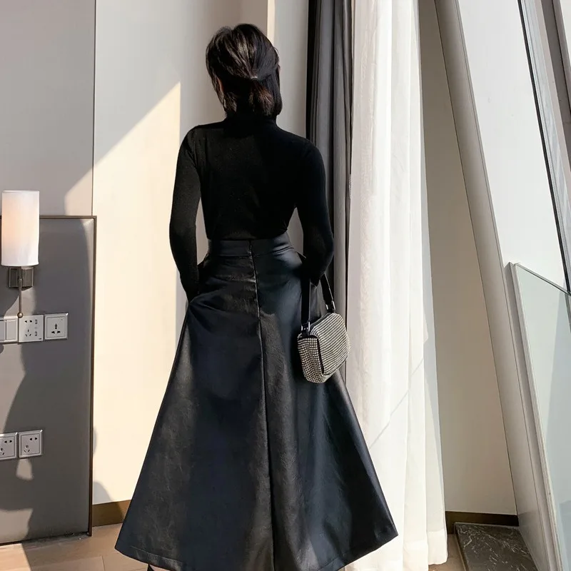 Black skirt mid-length Autumn/Winter 2024 slit high-waisted leather skirt Big swing A-line skirt