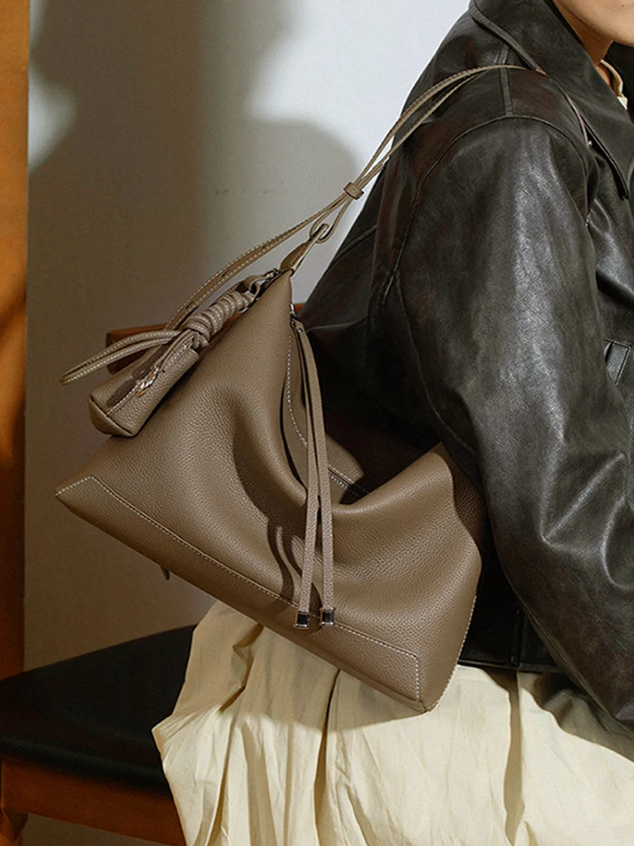 New Ins Chic Designer Shoulder Bags Commuter Tote First Layer Genuine Cow Leather Women's Handbag Connect with Small Purse