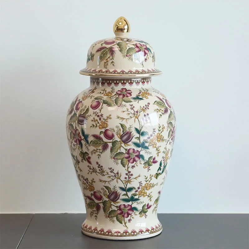 Vintage Floral Fruit Pattern Ceramic Ginger Jar with Lid Gold Finial Crackle Glaze Storage Jar General Jar Home  Decorative Vase
