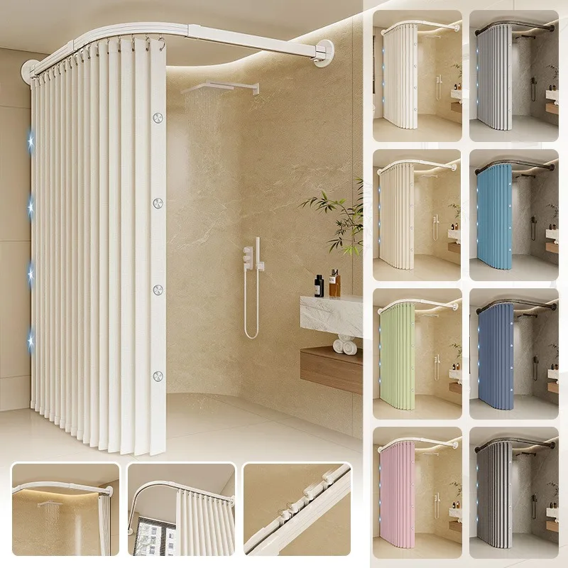 Foldable Magnetic Shower Curtain Set Retractable Rail Waterproof Mildew Proof Dry Wet Separation Privacy Curtain For Bathroom