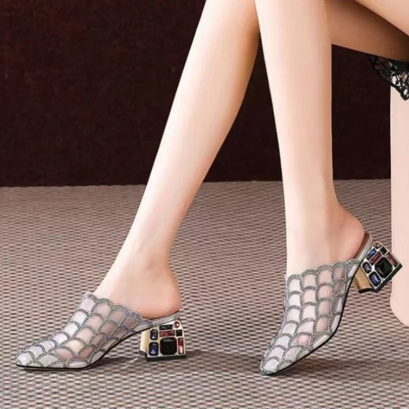 Women's Slippers Summer New Pointed Net Cloth Fish Scale Baotong Head Half Drag Casual Fashion Breathable Square Heel Sandals