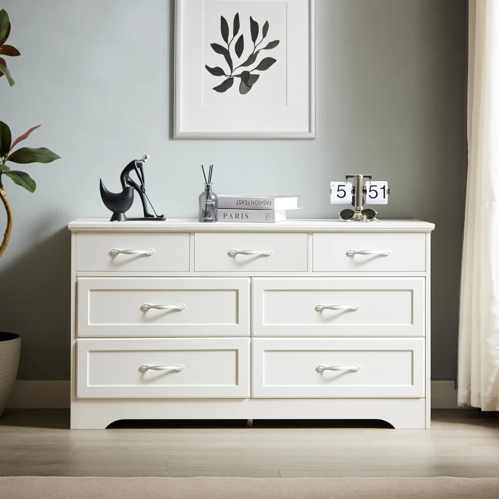 Modern 3 Drawer Bedroom Chest of Drawers with 7 Drawers Dresser Clothes Organizer Metal Pulls for Living Room HallwayWhite
