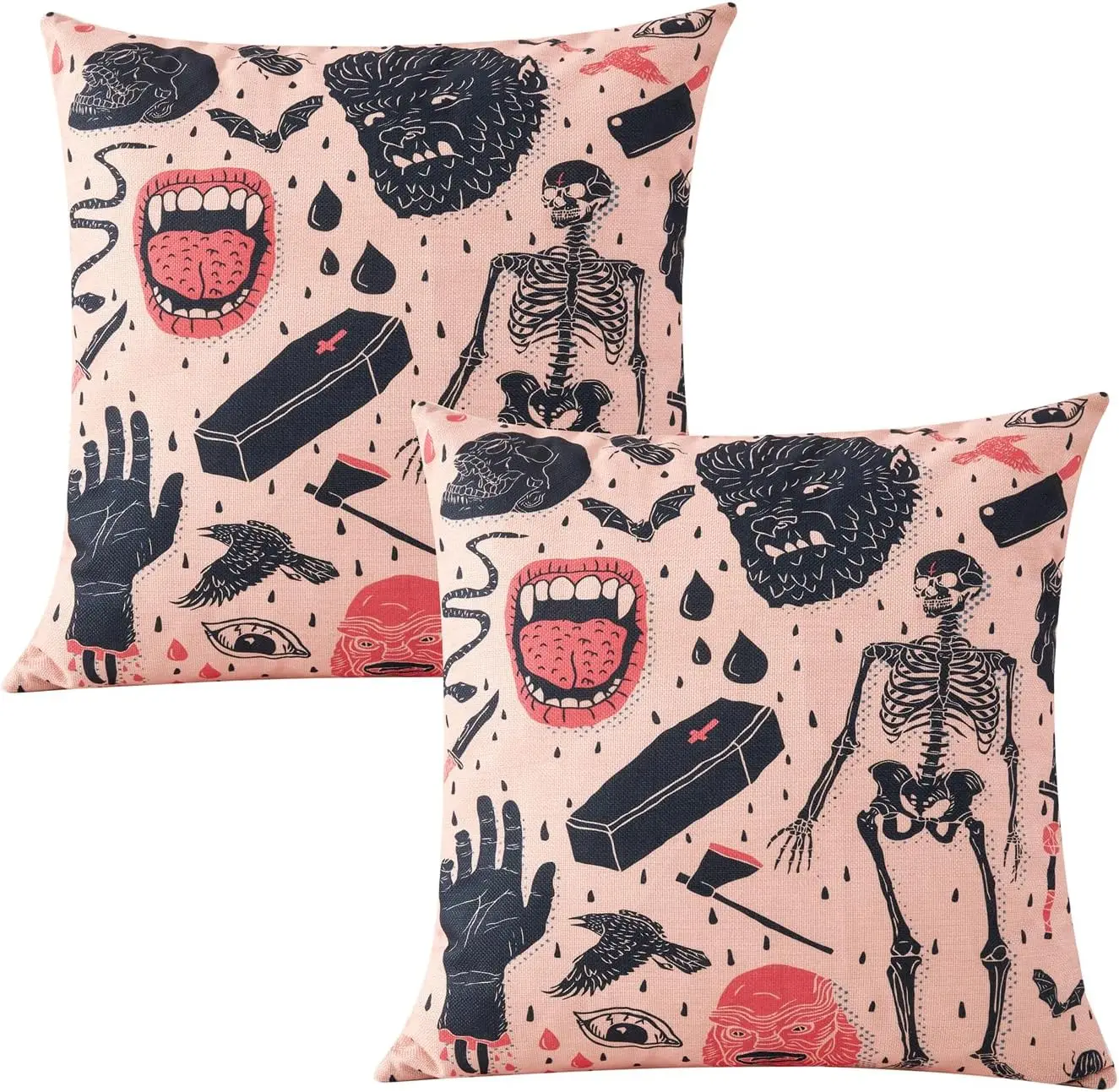 

2PCS Cute Vintage Halloween Throw Pillow Covers Set 18x18 Pink Skull Skeletons Vampire Gothic Creepy Decorative Linen