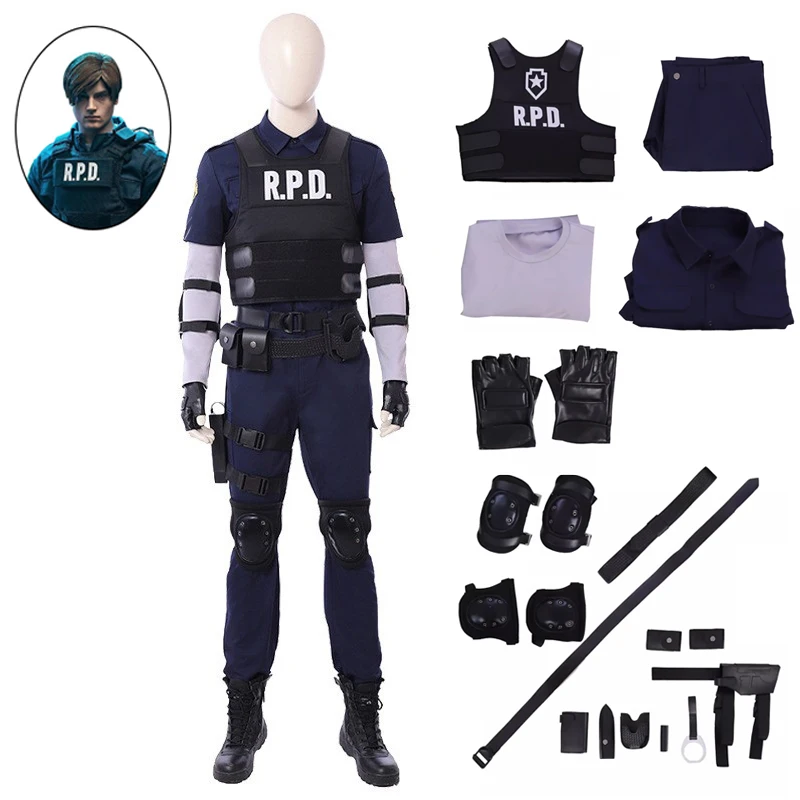 Game Leon Cosplay Costumes Adult Men Uniform Full Set Vest Top Pants Gloves Belt Accessories Halloween Carnival Roleplay Clohtes