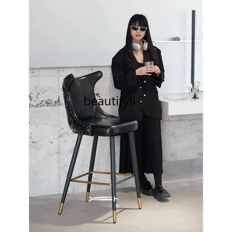 

American Style Light Luxury Bar Stool Vintage Oil Wax Genuine Leather Backrest Island Stool Bar Solid Wood High Stool