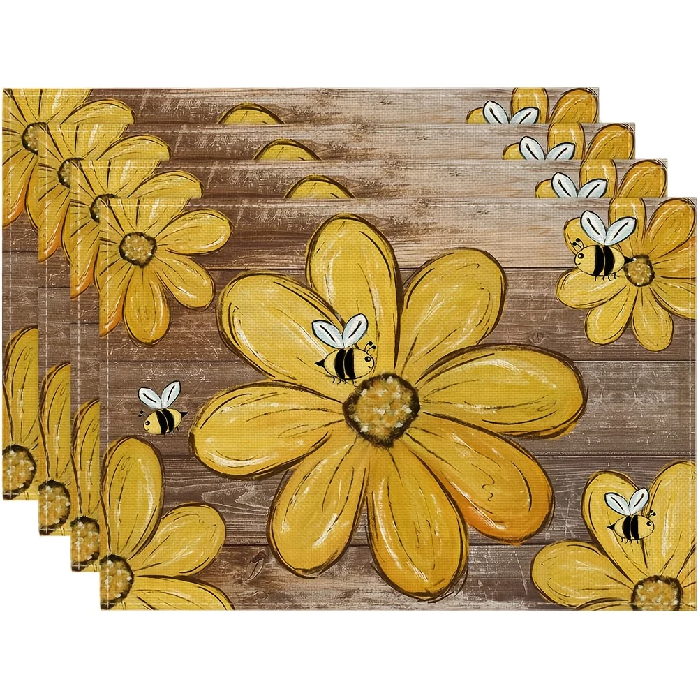 

4pcs Wood Bees Flowers Floral Summer Placemats Set of 4,12x18 Inch Seasonal Spring Table Mats for Party Kitchen Dining Decoratio