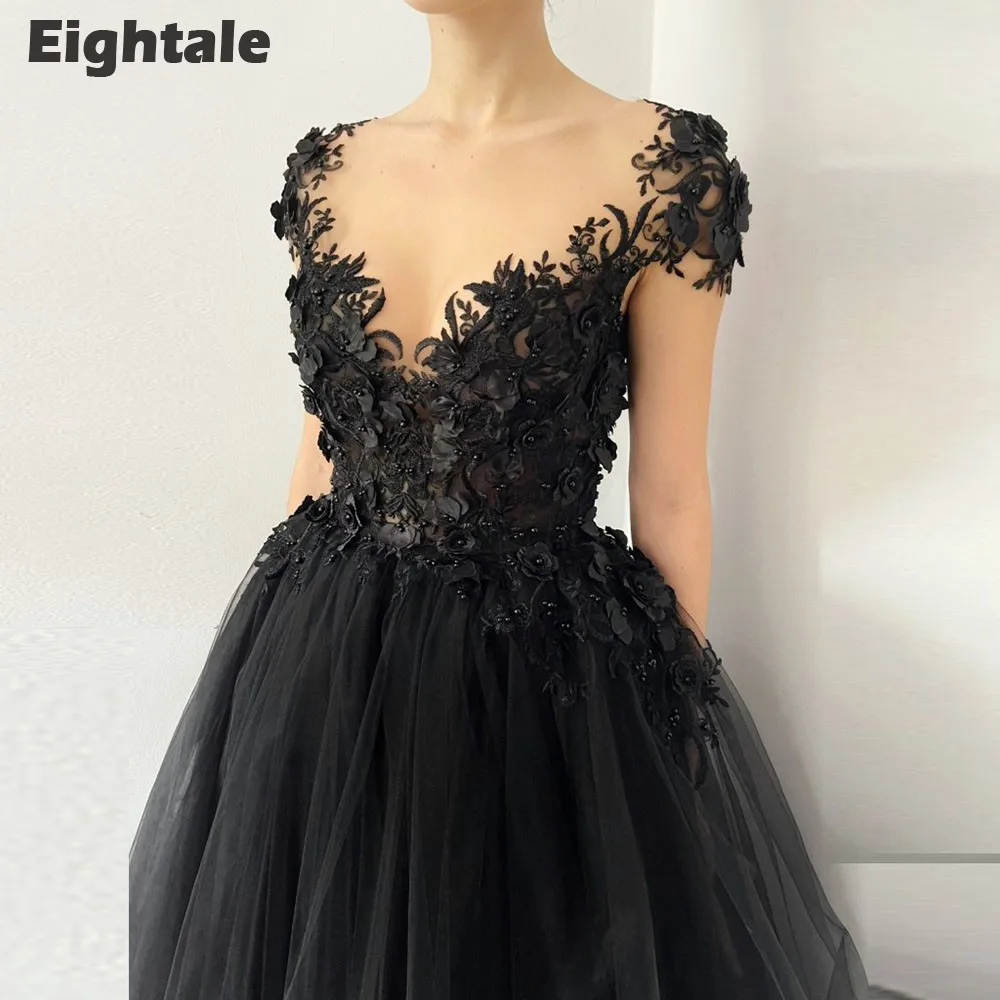 Eightale Black Wedding Dresses Cap Sleeves 3D Flowers A-Line Customized Lace Tulle Victorian Gothic Bridal Gowns