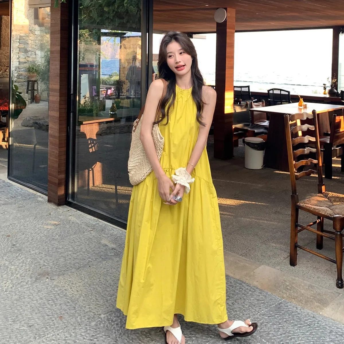 

Hanging Neck And Off Shoulder Dress, Women's Summer New Style, Loose And Vacation Style Long Skirt